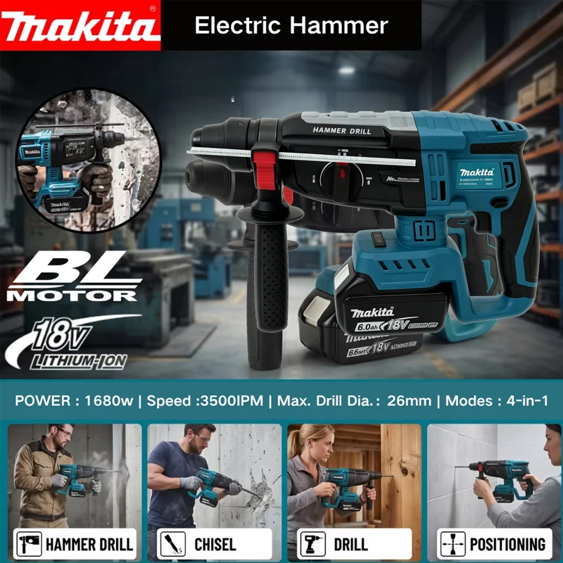 Power Tools Hammer - สว่านกระแทกไร้สาย Makita Brushless แบบมัลติฟังก์ชั่น ใช้แบตเตอรี่ Makita